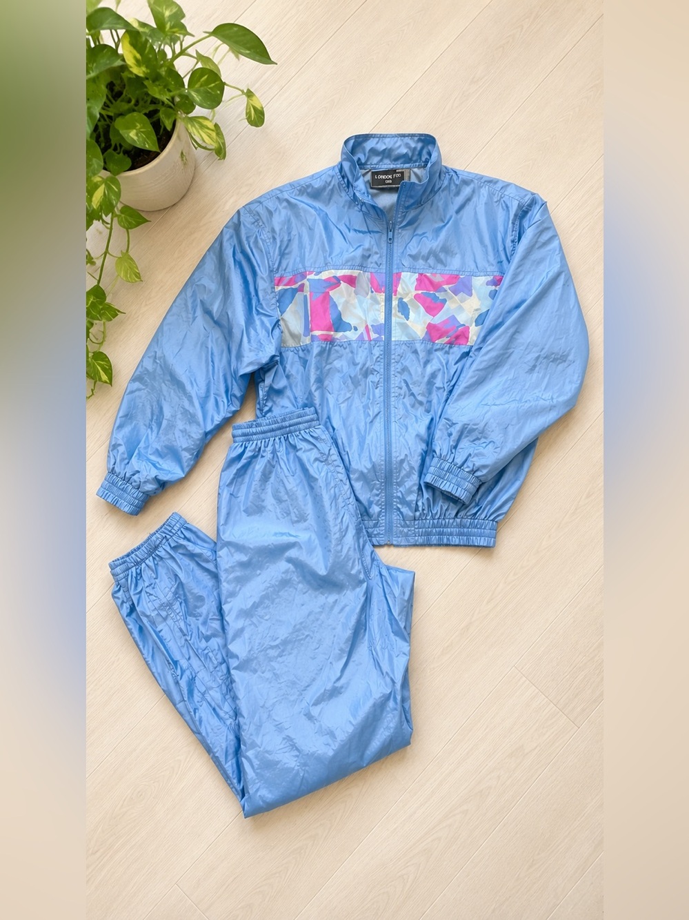 London Fog Vintage 80s 90s Nylon Tracksuit Set Powder Blue Abstract Warm Up Suit